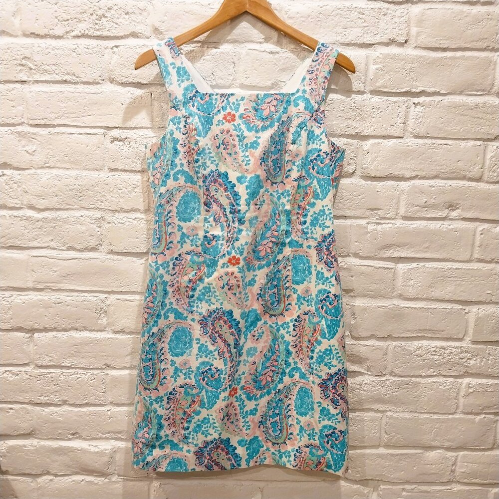 Talbots Paisley Print Dress Size 8 P Blue Pink Sleeveless Square Neck Career